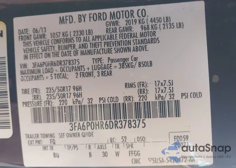 2013 Ford Fusion Se from USA, damaged, VIN 3FA6P0HR6DR378375